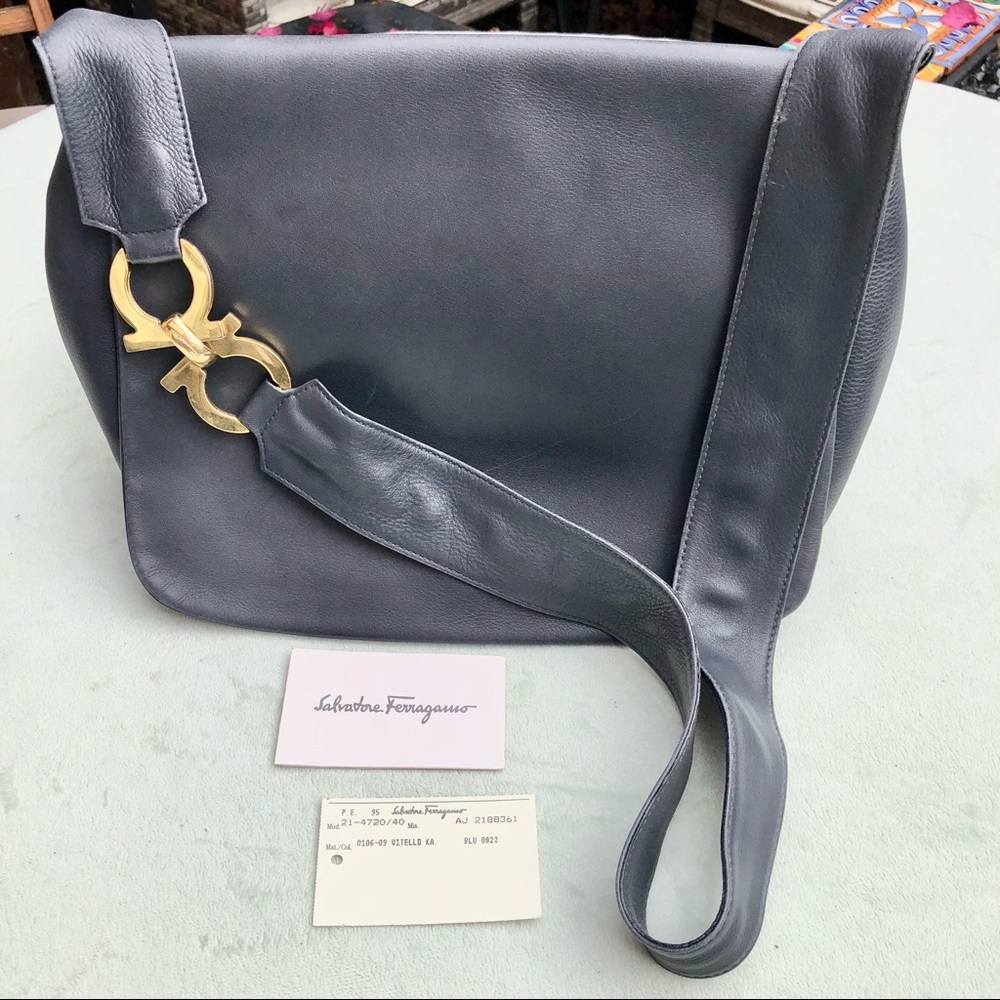 Salvatore Ferragamo Gancini Flap Blue Pebbled Leather Messenger Briefcase Bag